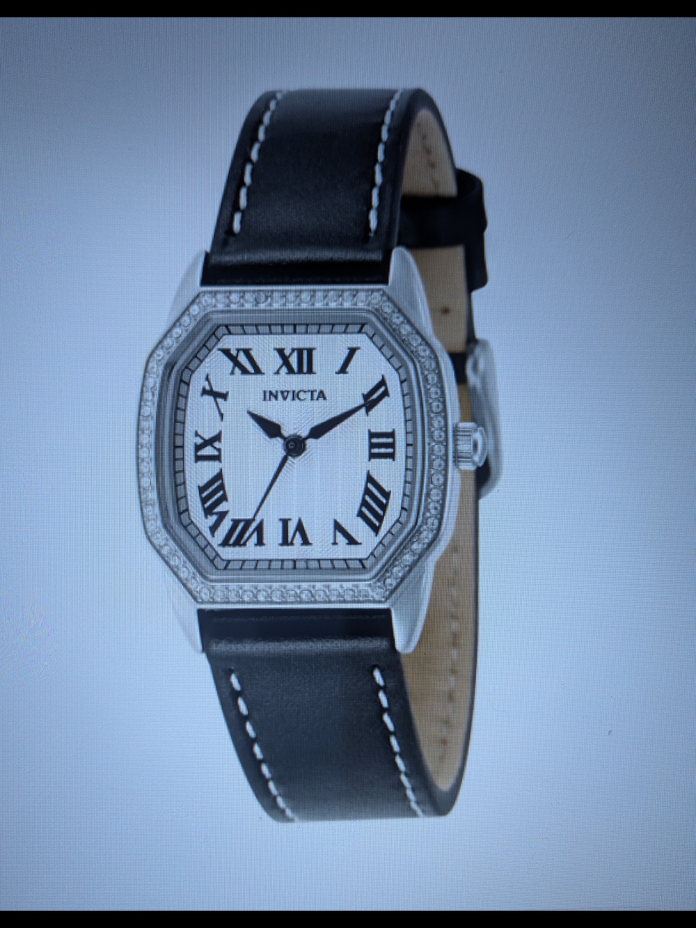 Invicta Black Leather Strap Silver-Tone Case Watch with Crystal Bezel - 27 mm